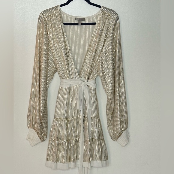 ASOS Champagne Gold/Platinum Metallic Sequins Belted Long Sleeve Wrap Dress - Picture 3 of 15